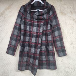 Cynthia Rowley Soft Chunky Plaid Red Black Long Cardigan Sweater Jacket Size M